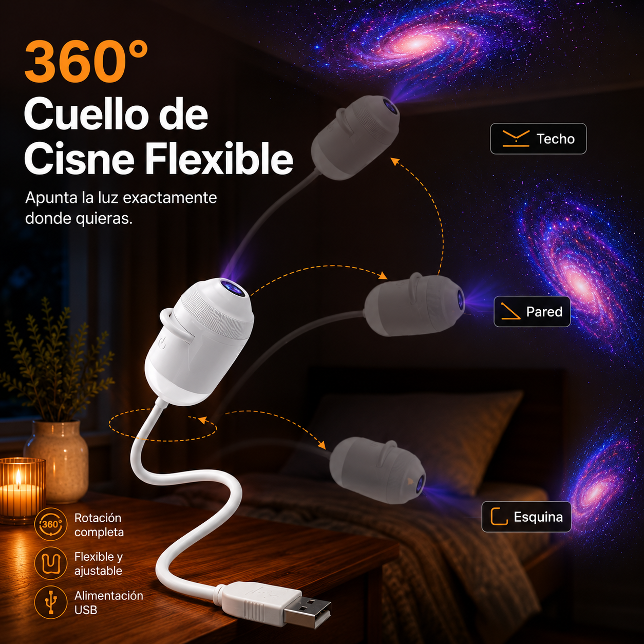 Proyector de estrellas flexible creando una galaxia en una habitación
