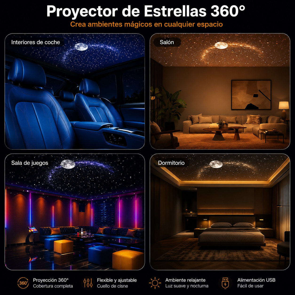 Proyector de estrellas utilizado en cuatro ambientes diferentes